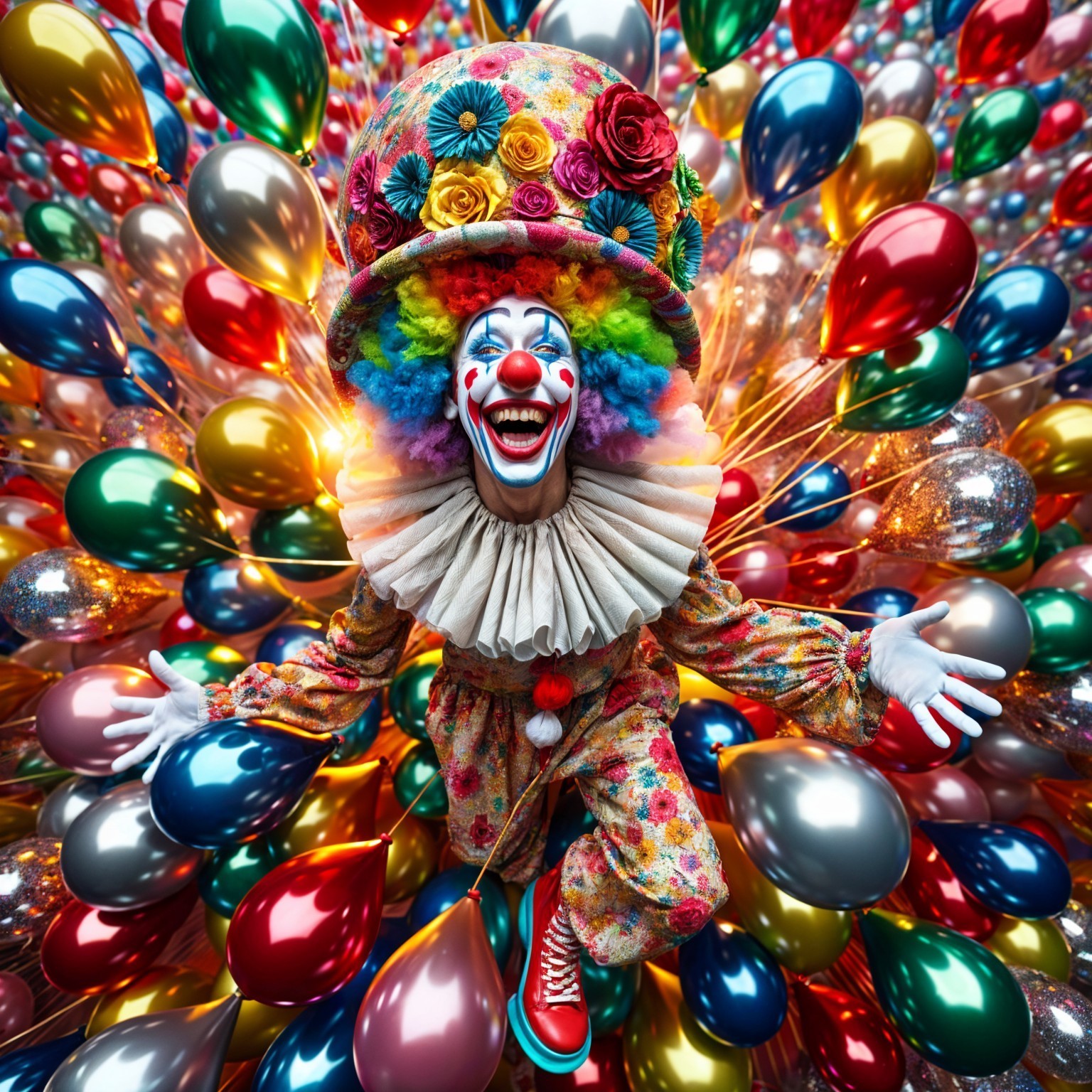 Colorful Clown Surrounded by Festive Balloons