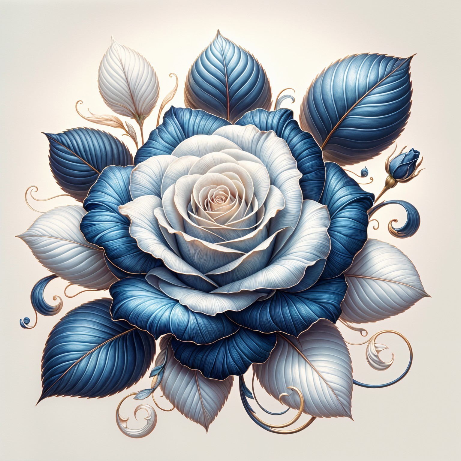 Intricate Blue and White Rose Illustration with Leaves
