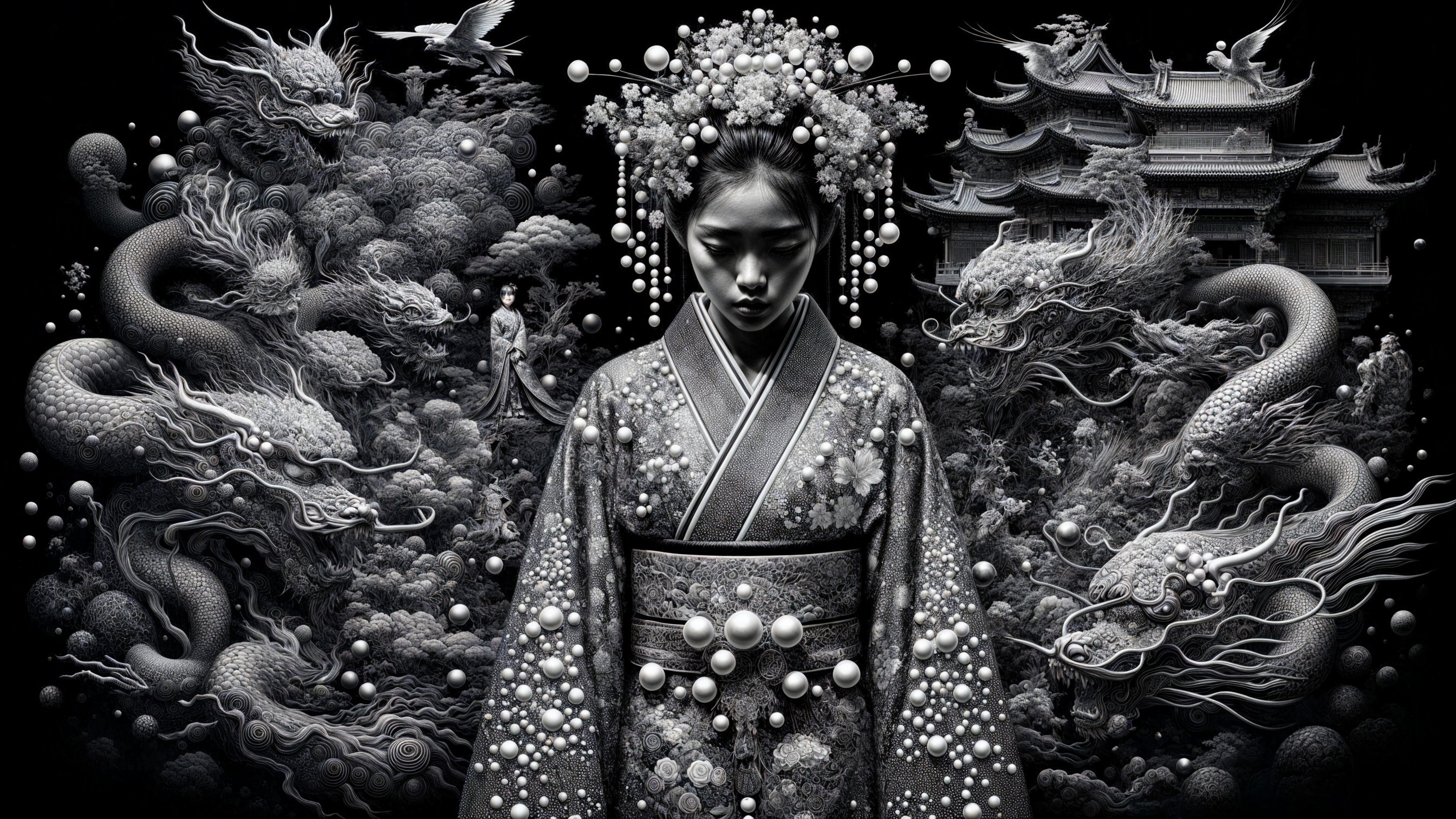 Traditional Kimono Figure Surrounded by Mythical Imagery