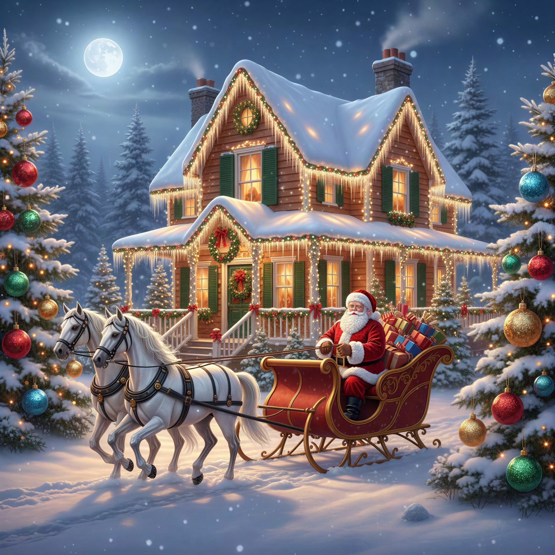 Santa Claus in a sleigh with presents on a snowy night