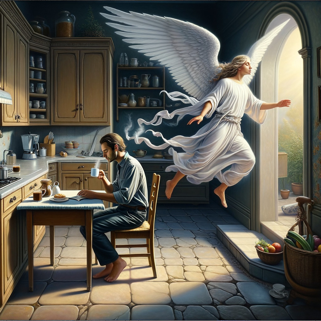 Contemplative Man in Warm Kitchen with Ethereal Angel