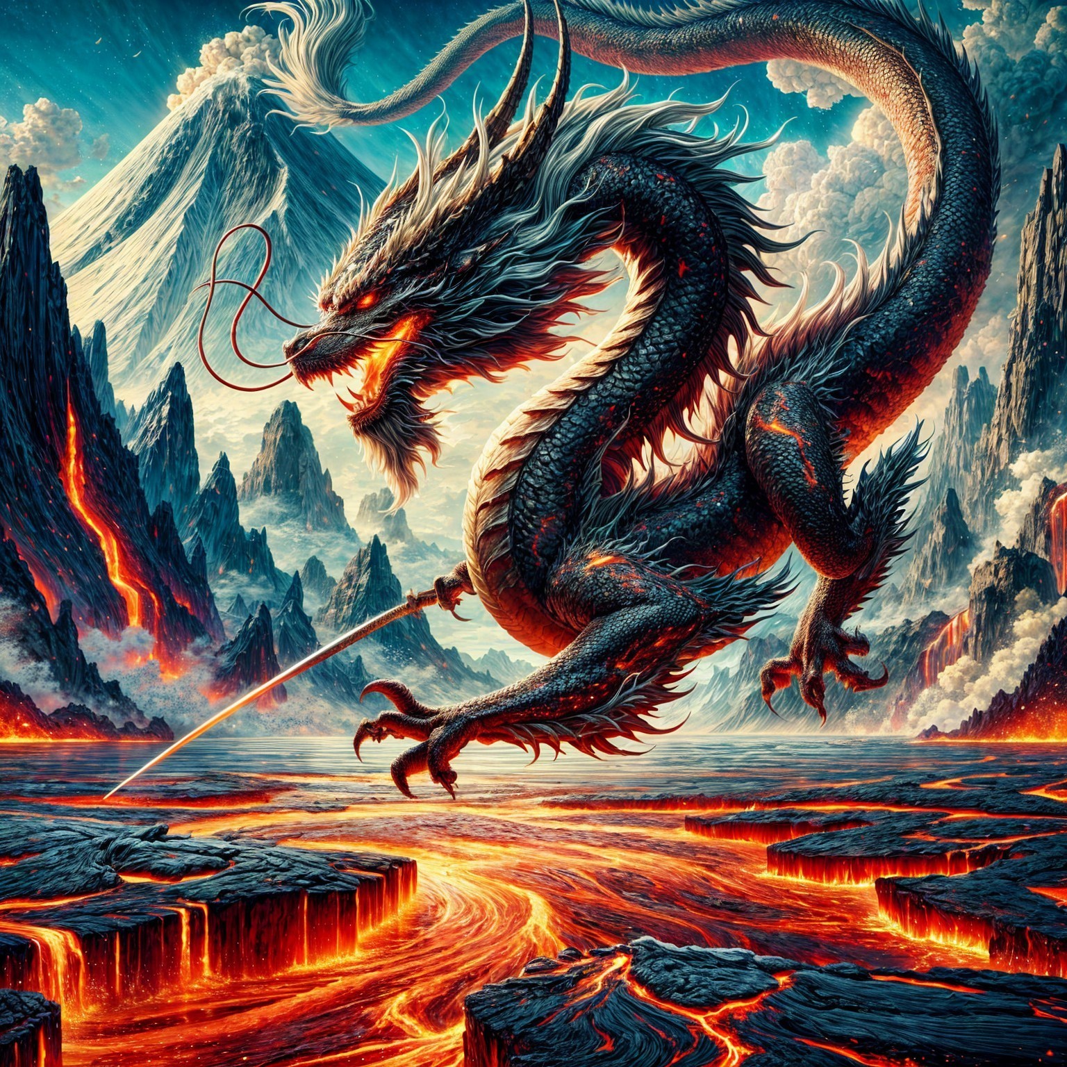 Black dragon on molten terrain with snowy mountains