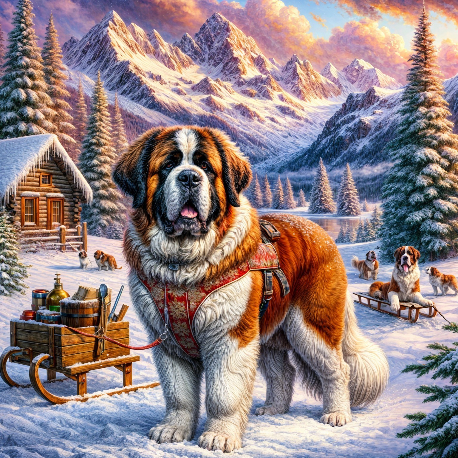 Saint Bernard in Snowy Landscape with Sled and Cabin