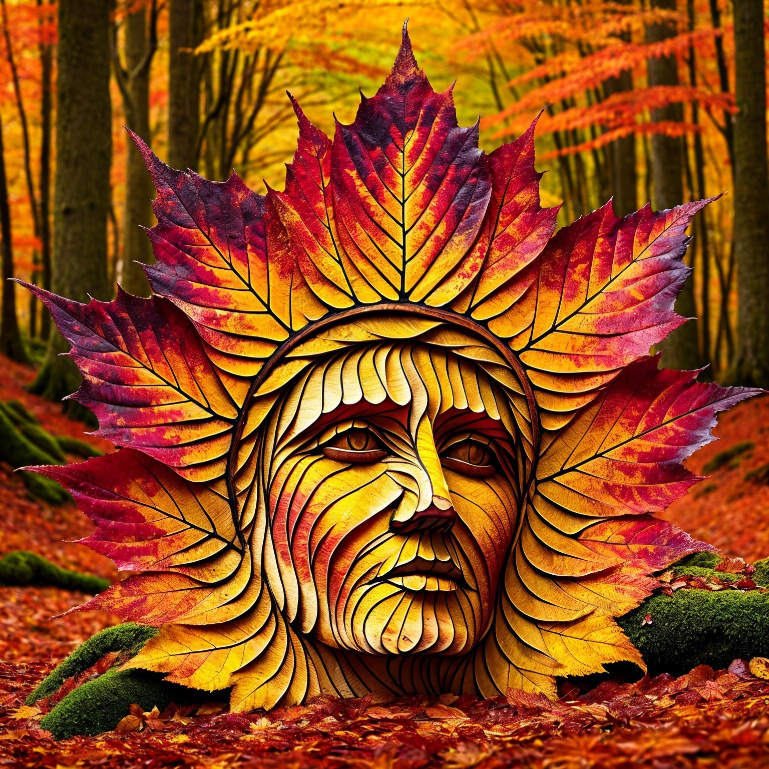 Intricately Carved Face Surrounded by Autumn Leaves
