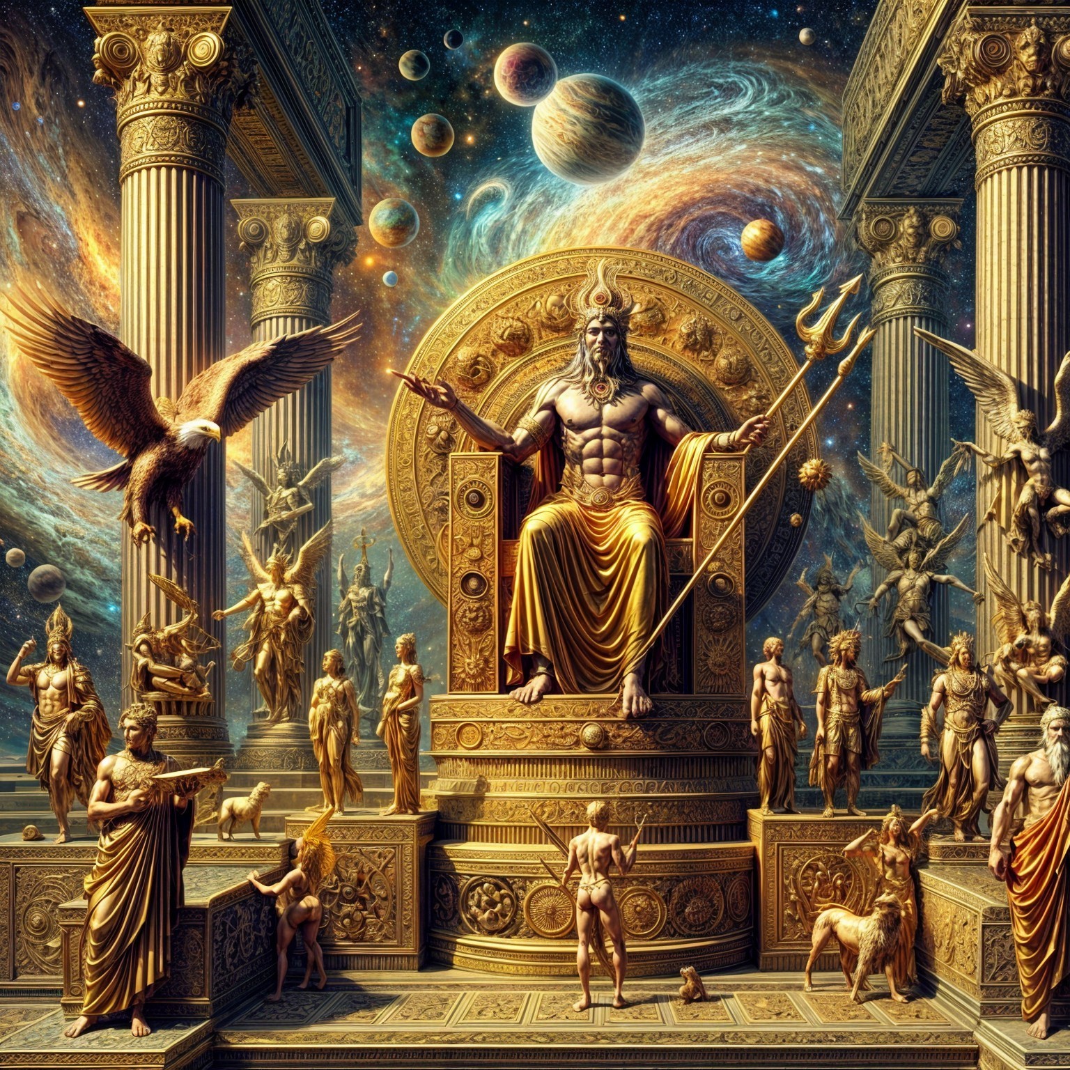 Majestic Deity on Throne Amid Cosmic Backdrop