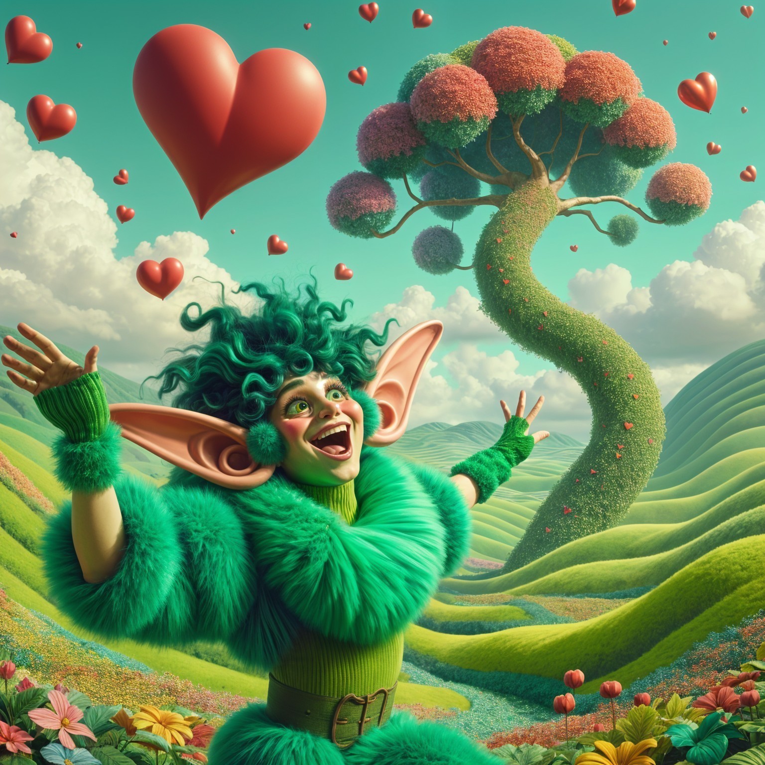 Whimsical Landscape with Joyful Character and Hearts
