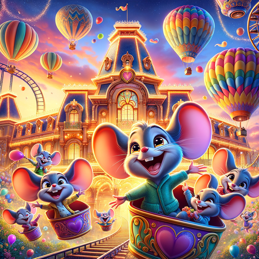 Cheerful Mice in Colorful Carriages Near a Castle
