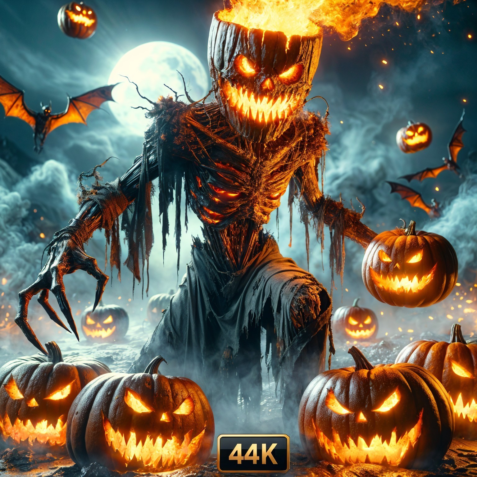Menacing Scarecrow with Flaming Pumpkin in Foggy Landscape