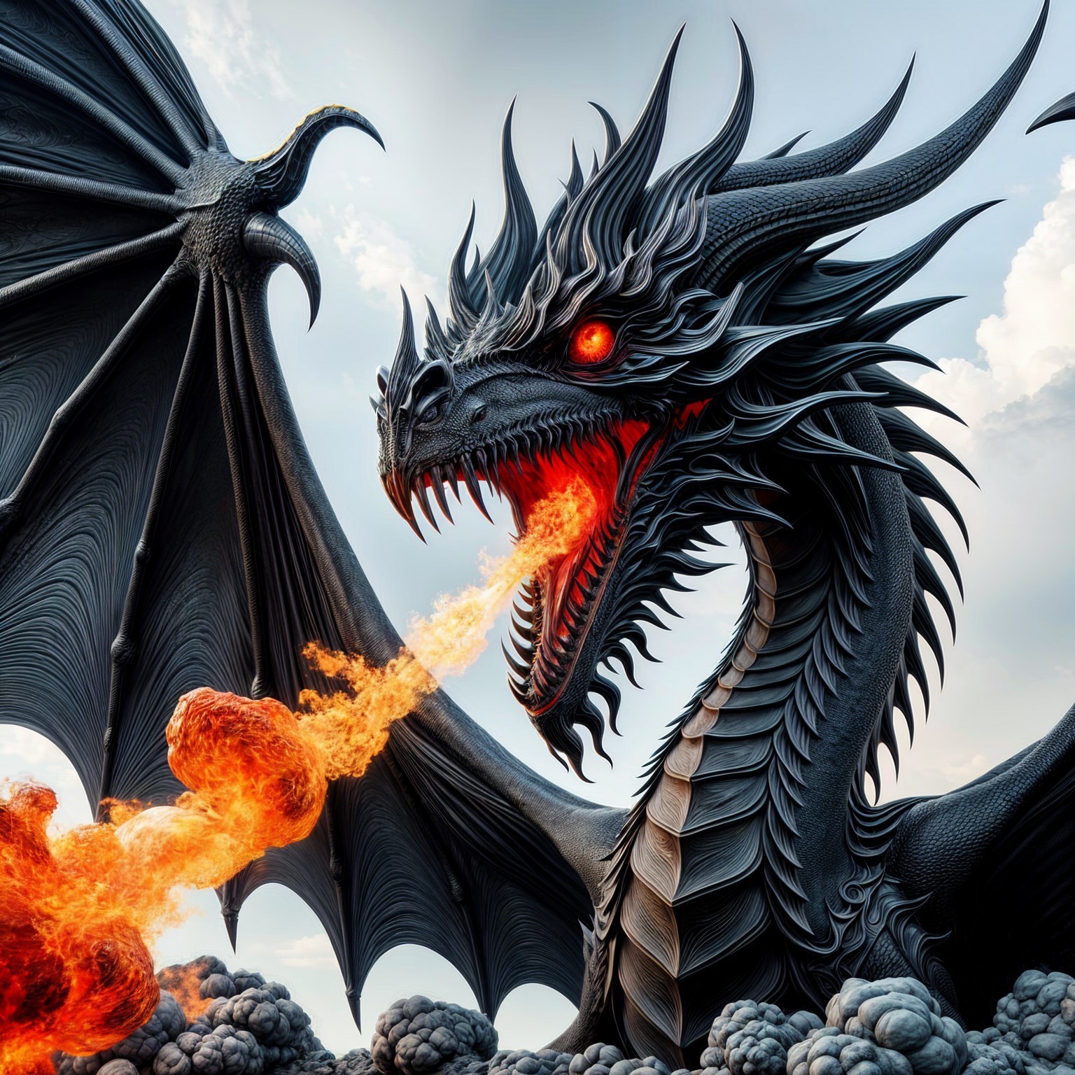 Majestic Black Dragon Breathing Fire in Dramatic Sky
