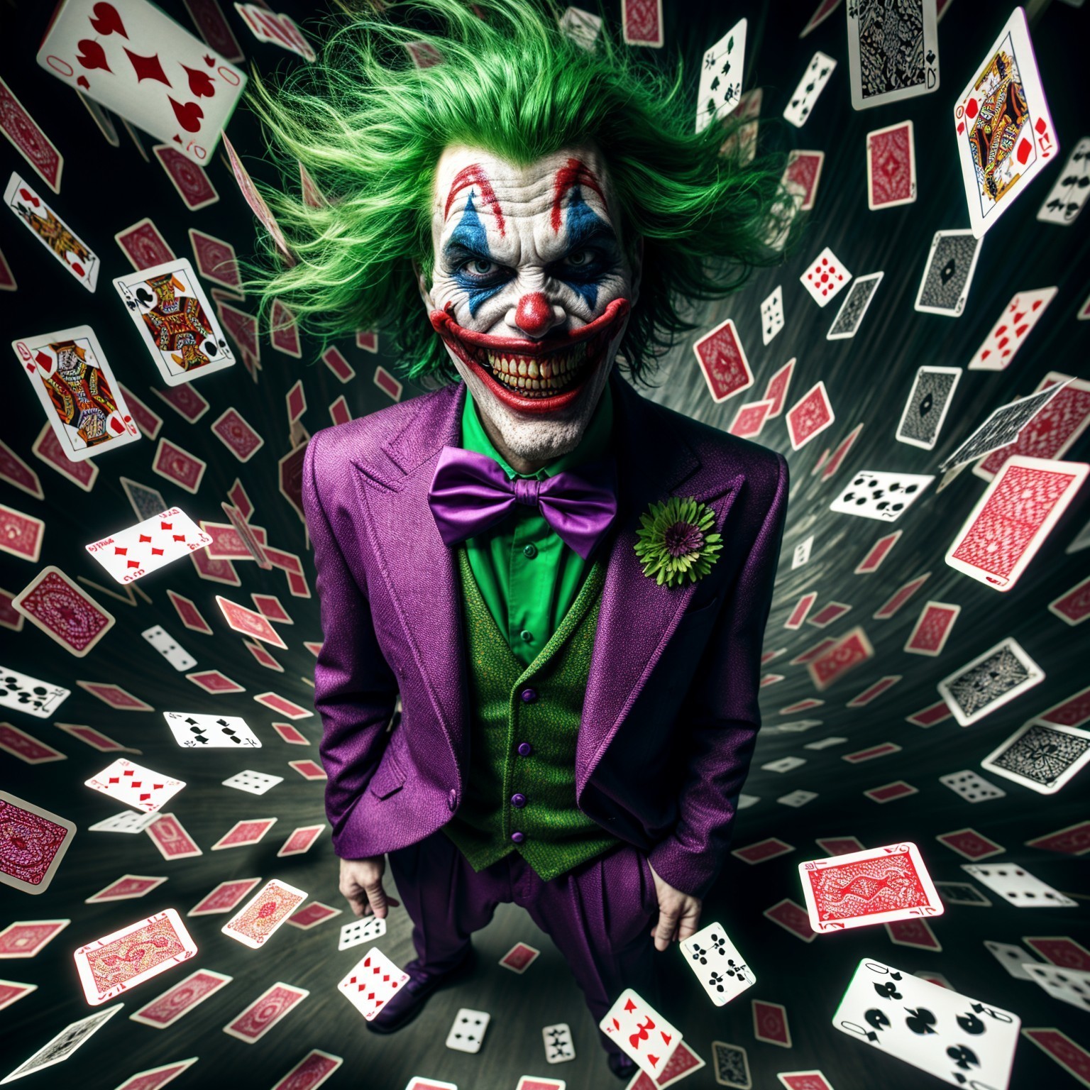 Flamboyant Clown Character in Chaotic Card Storm
