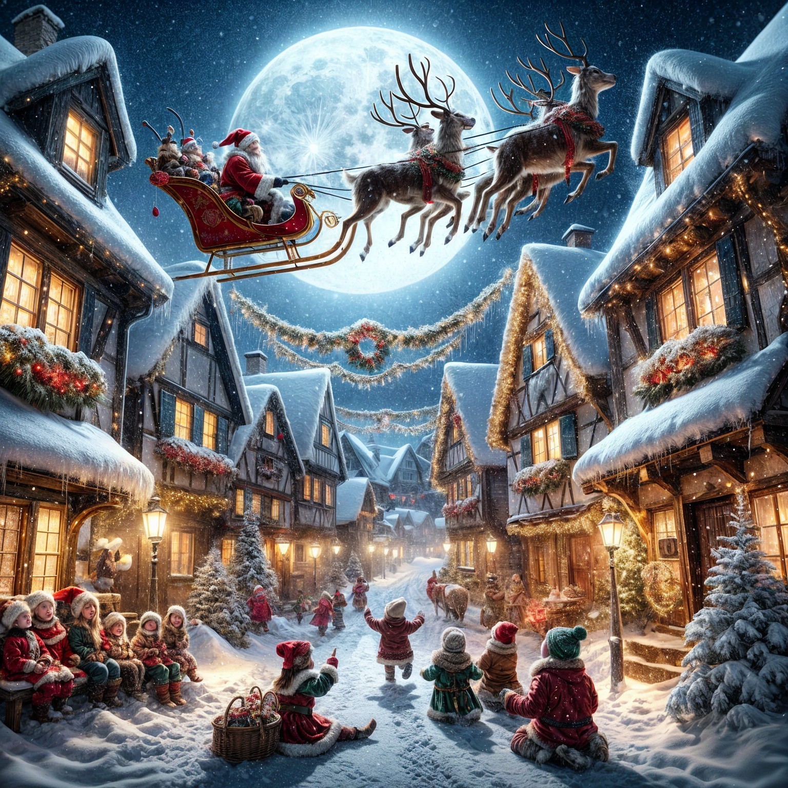 Snowy Village Night Scene with Santa and Elves