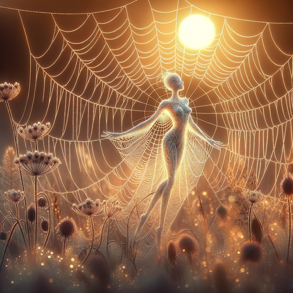 Ethereal Figure in Shimmering Spiderweb and Flowers
