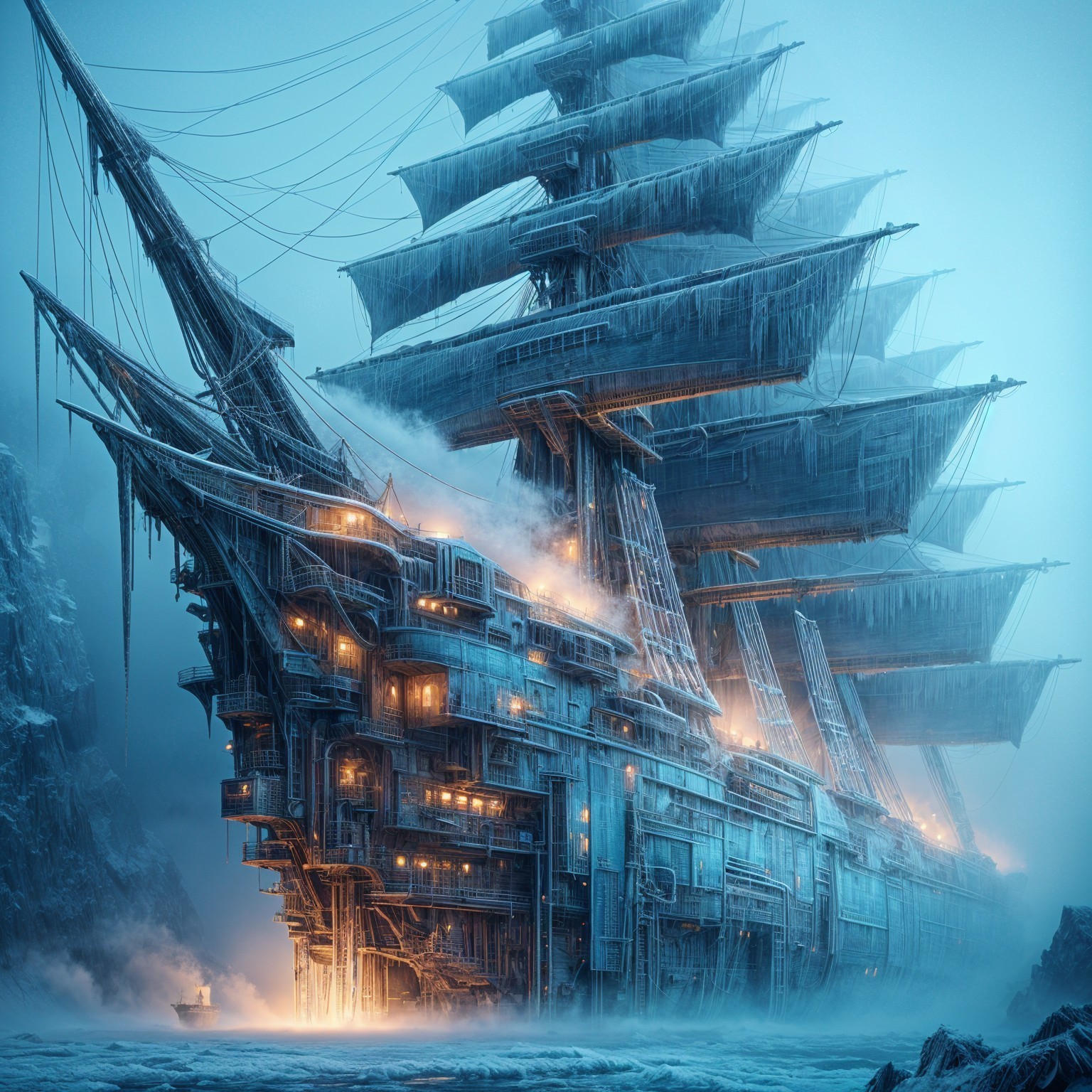 Steampunk Tall Ship in a Frozen Landscape Scene