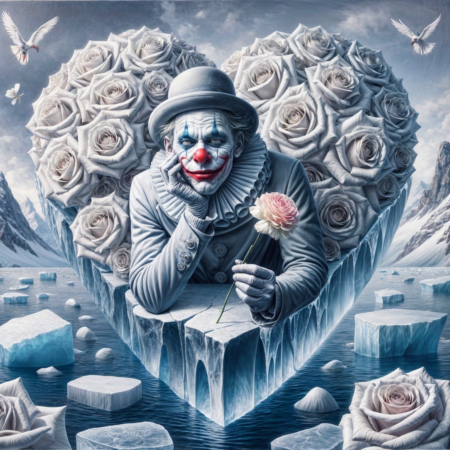 Surreal Artwork of Clown on Heart-Shaped Ice Formation