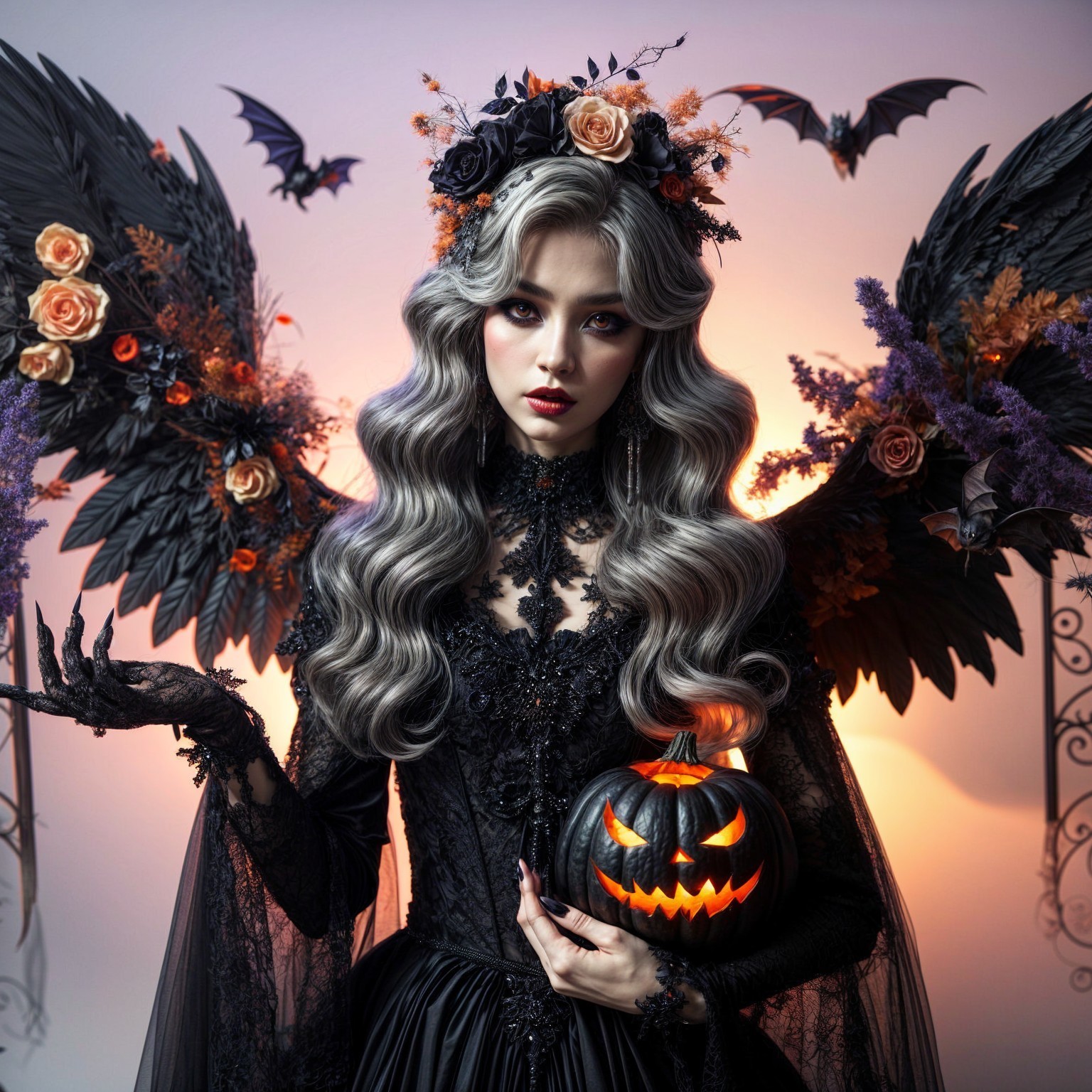 Elegant Halloween Figure with Gray Hair and Black Gown
