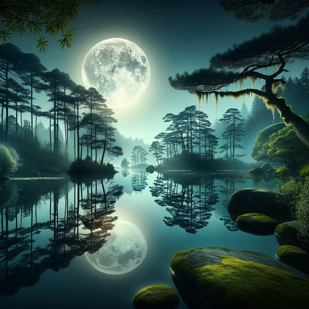 Nighttime Landscape with Full Moon and Tranquil Lake