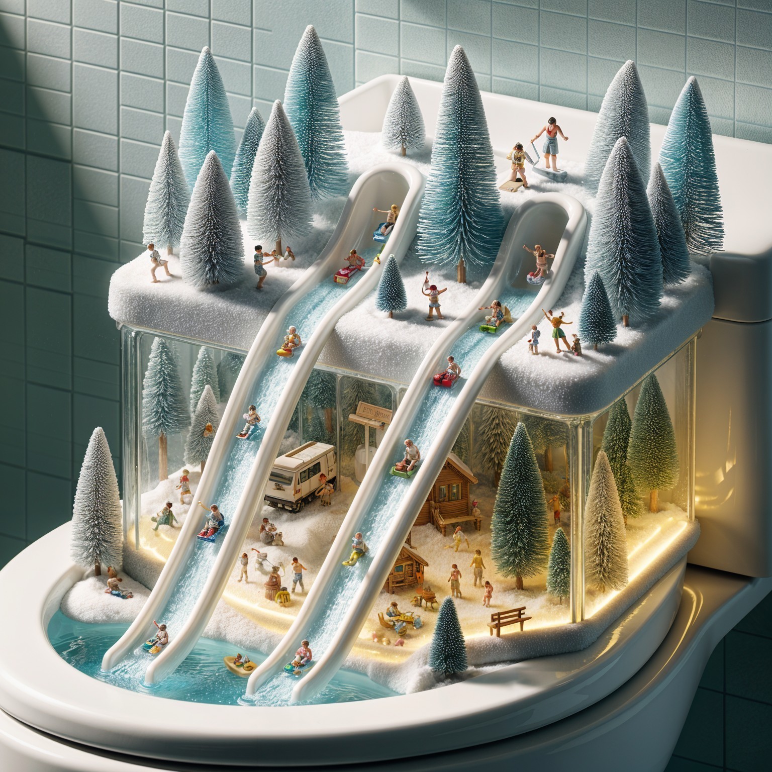 Miniature Winter Wonderland on a Toilet Scene