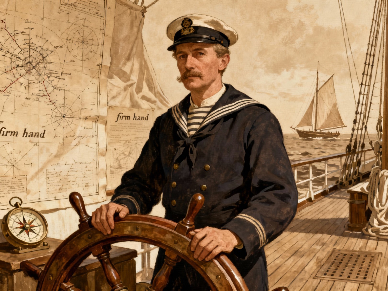 Sepia-Toned Painting of a Mustachioed Sailor at Helm