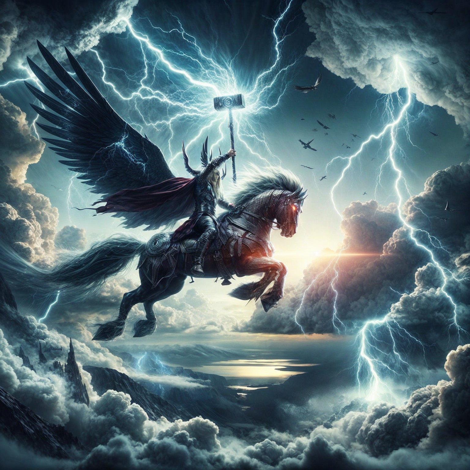 Winged Horse Rider in Stormy Sky with Lightning