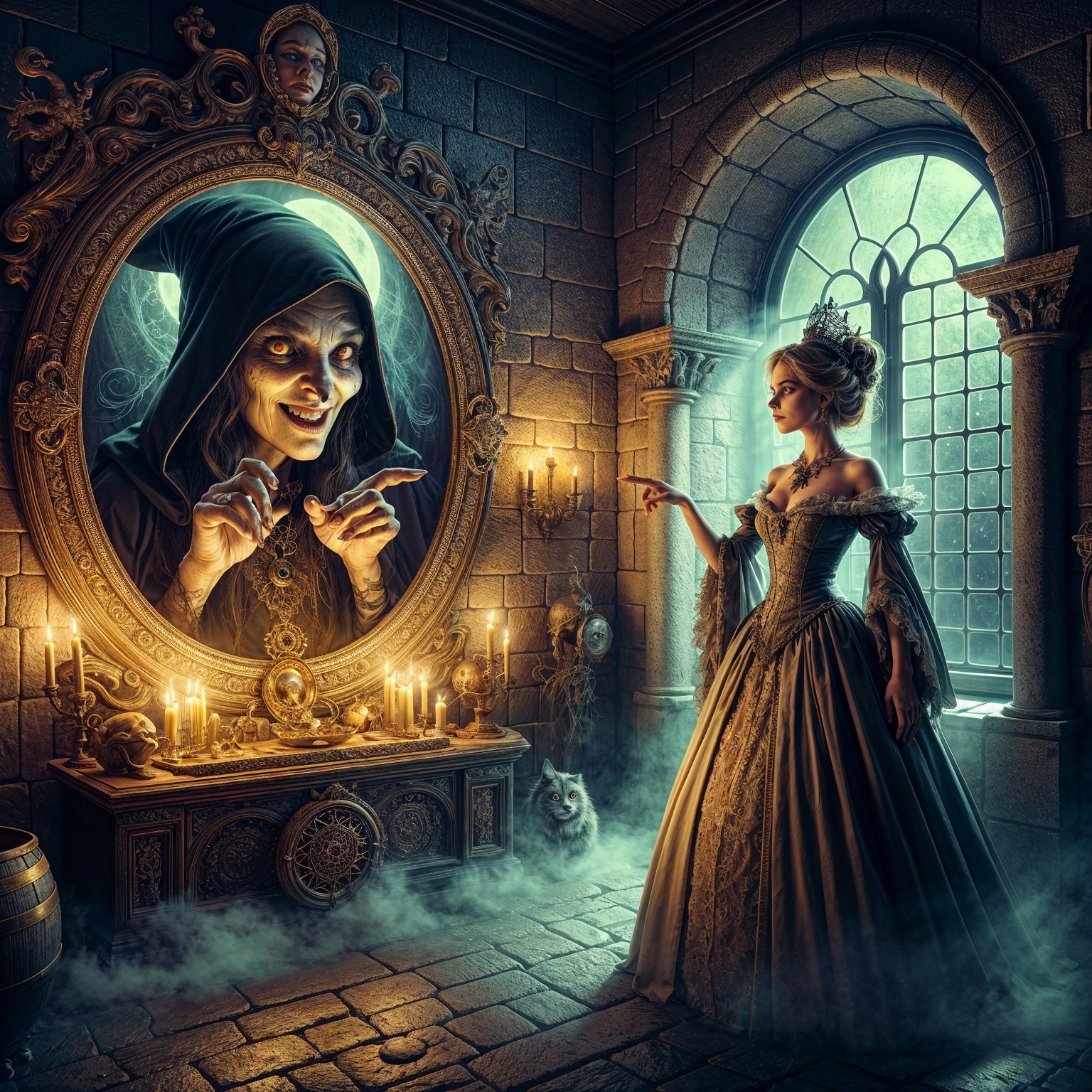 Medieval Room with Sinister Figure and Regal Woman