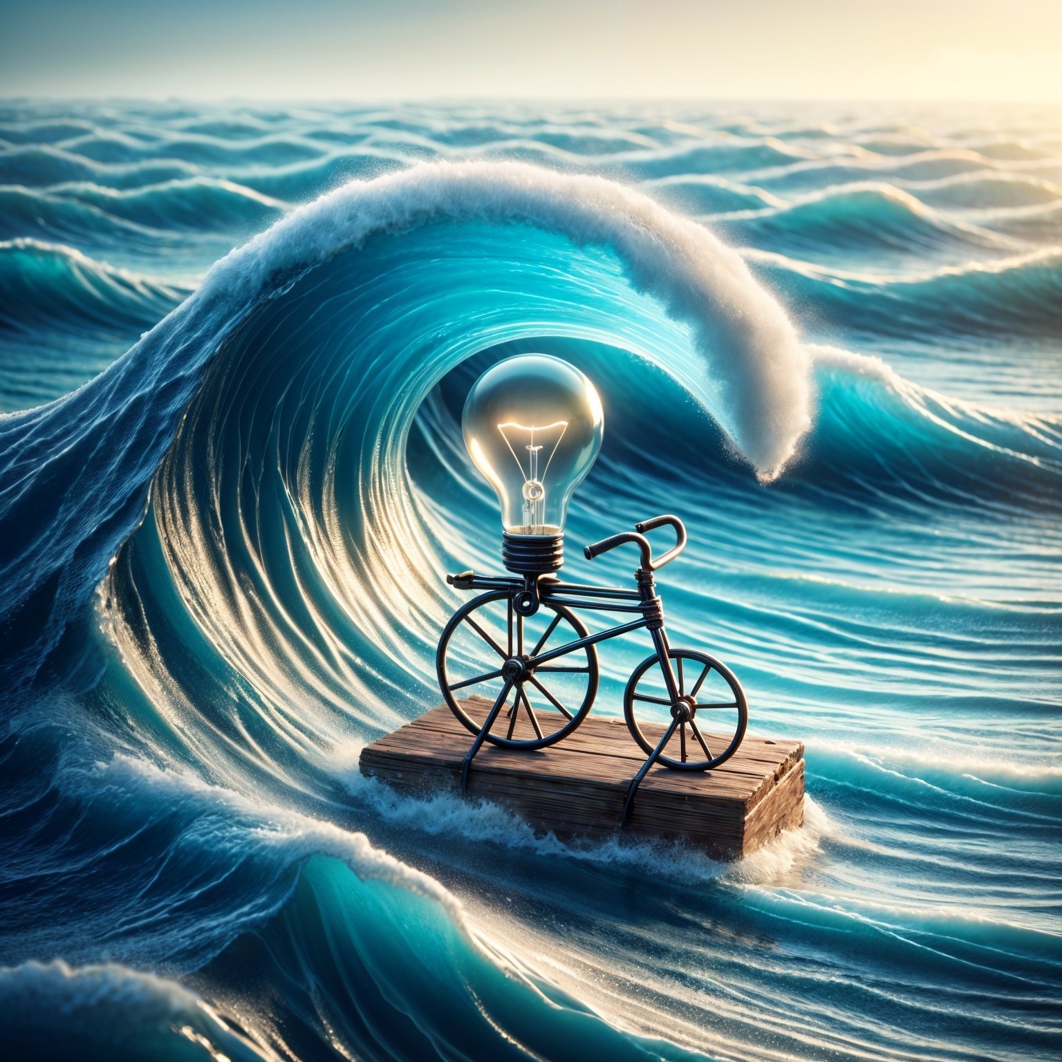 Whimsical Bicycle on Raft Amid Vibrant Waves