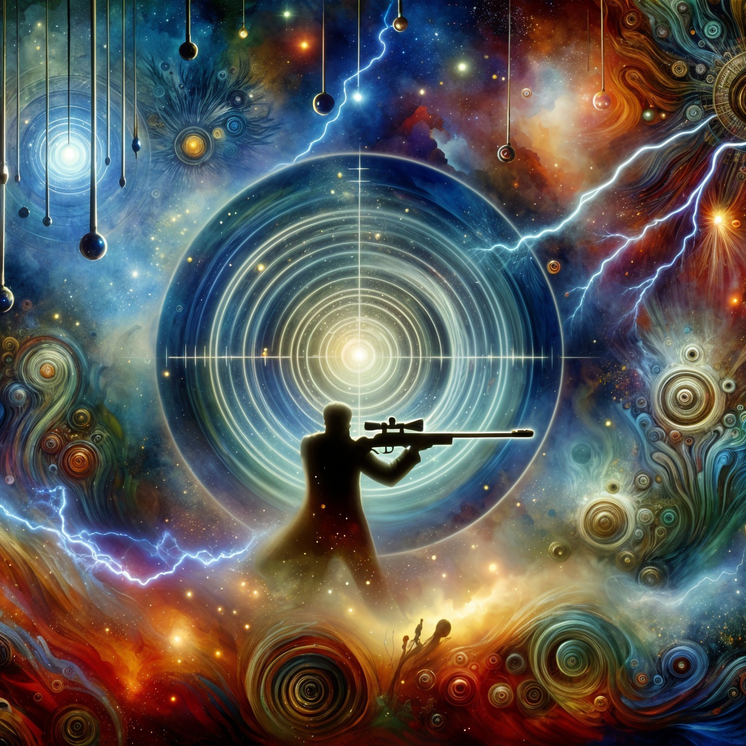 Silhouetted Figure Aiming at a Luminous Galaxy
