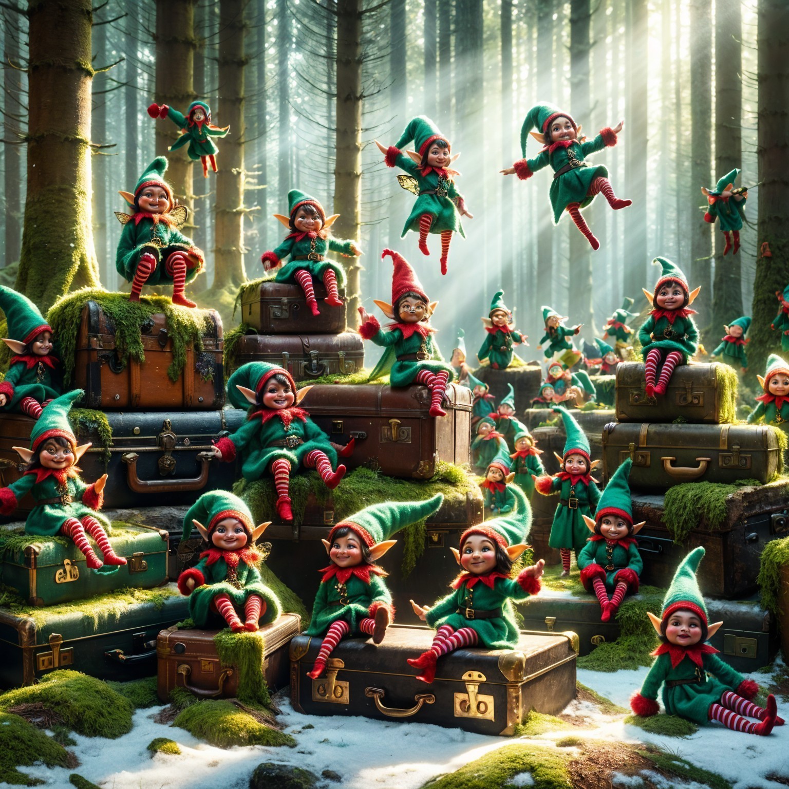 Cheerful Elves Frolicking in a Magical Forest Scene