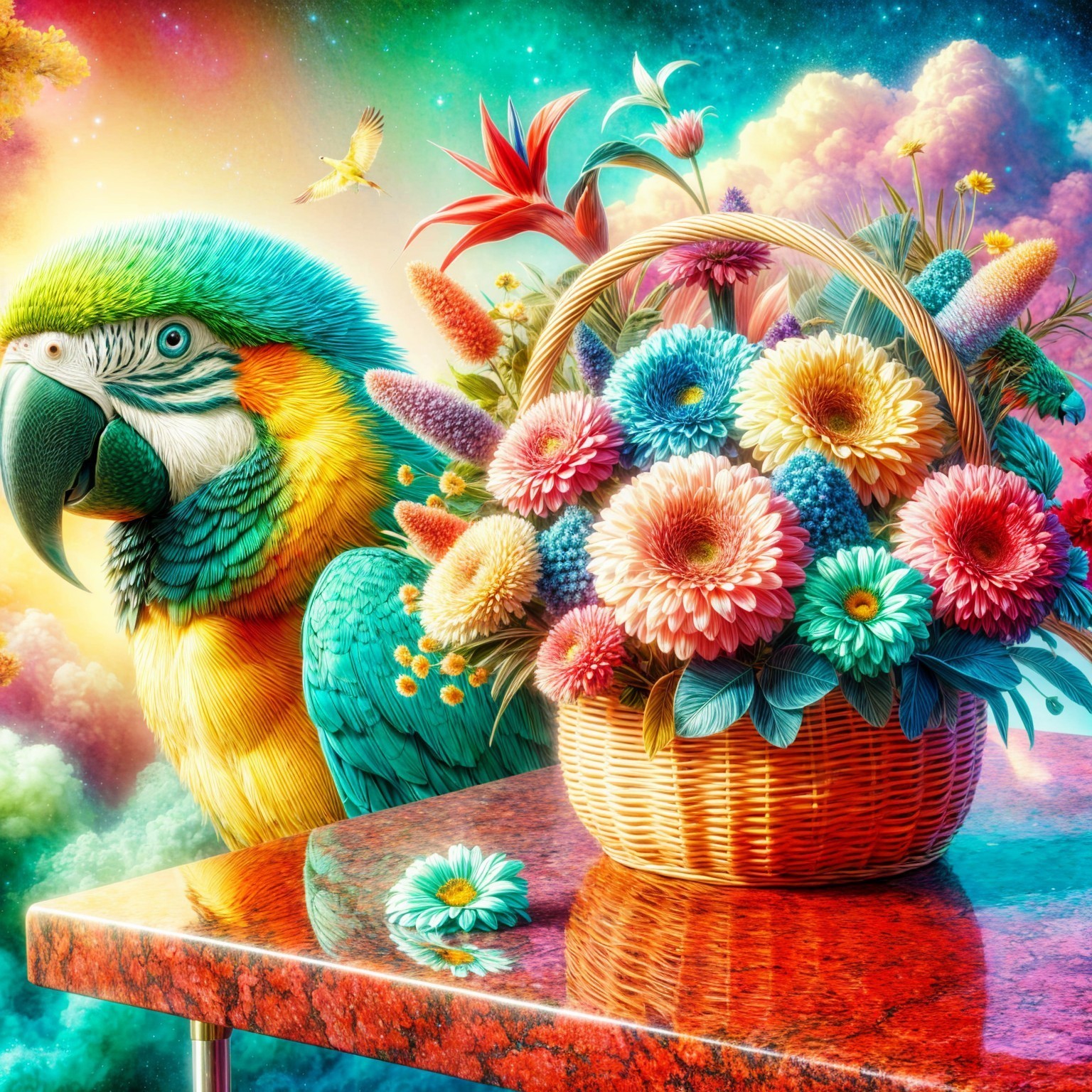 Colorful Macaw and Blooming Flowers in Cosmic Scene