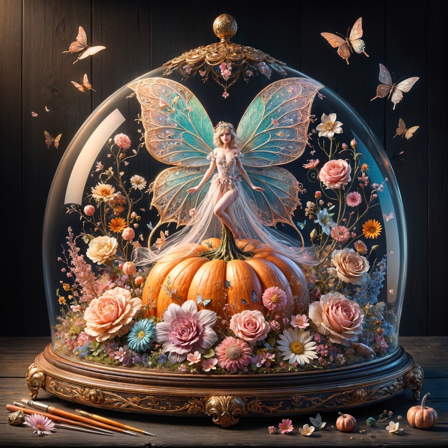 Whimsical Fairy on Pumpkin in Glass Dome Display