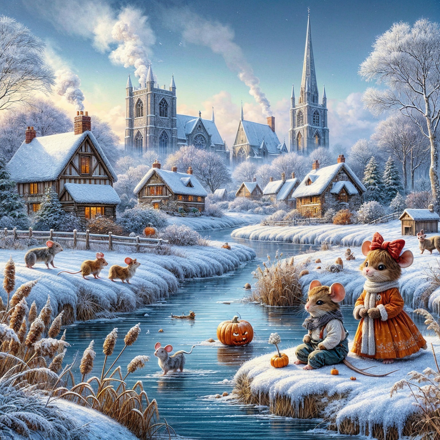 Winter Landscape with Mice and Quaint Cottages