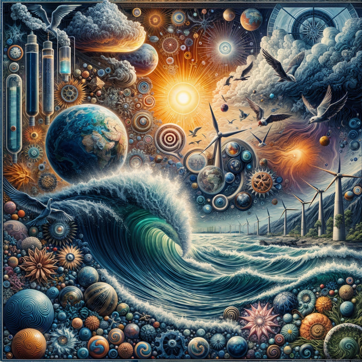 Surreal Landscape with Ocean Waves and Cosmic Elements