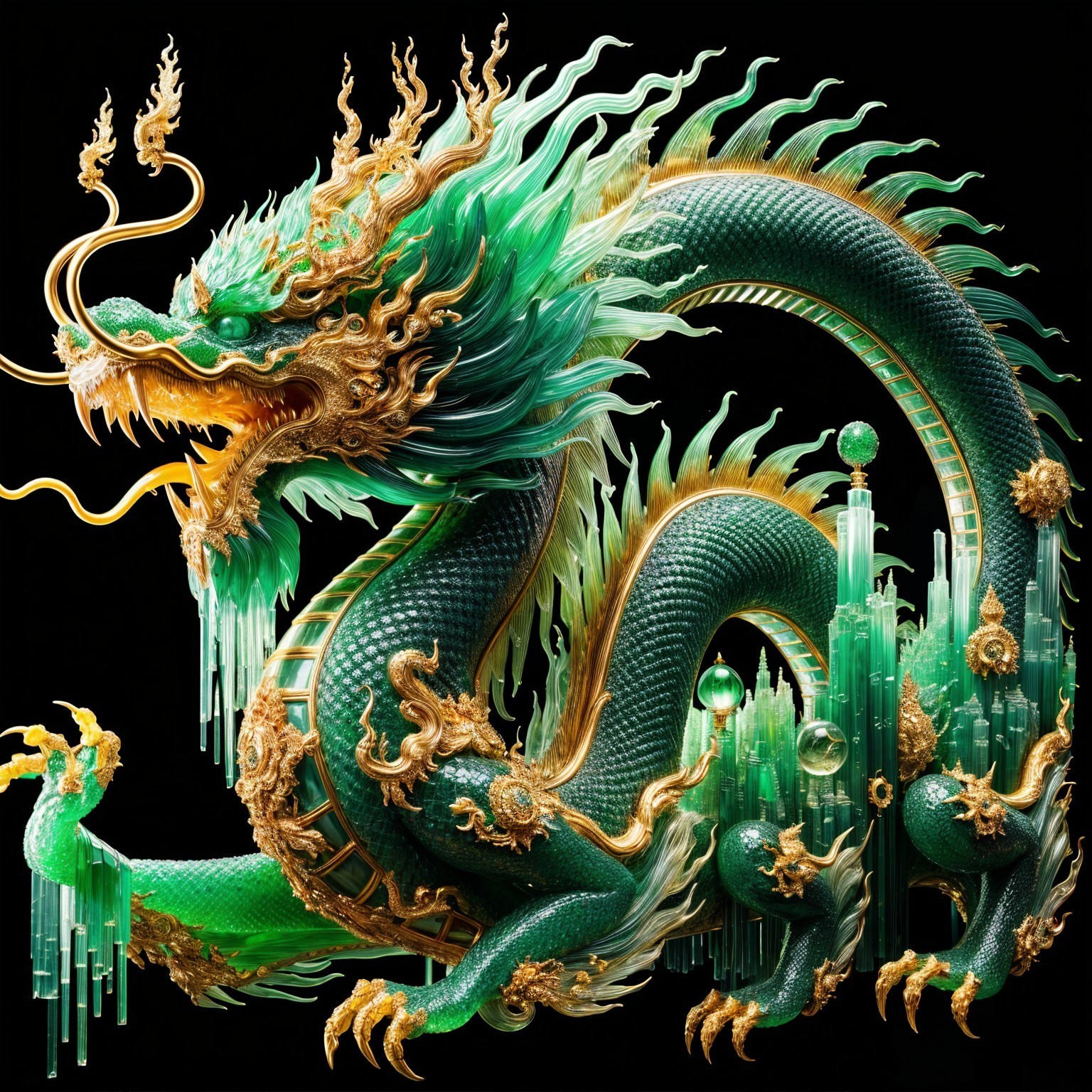 Green Dragon with Golden Details and Emerald Shards