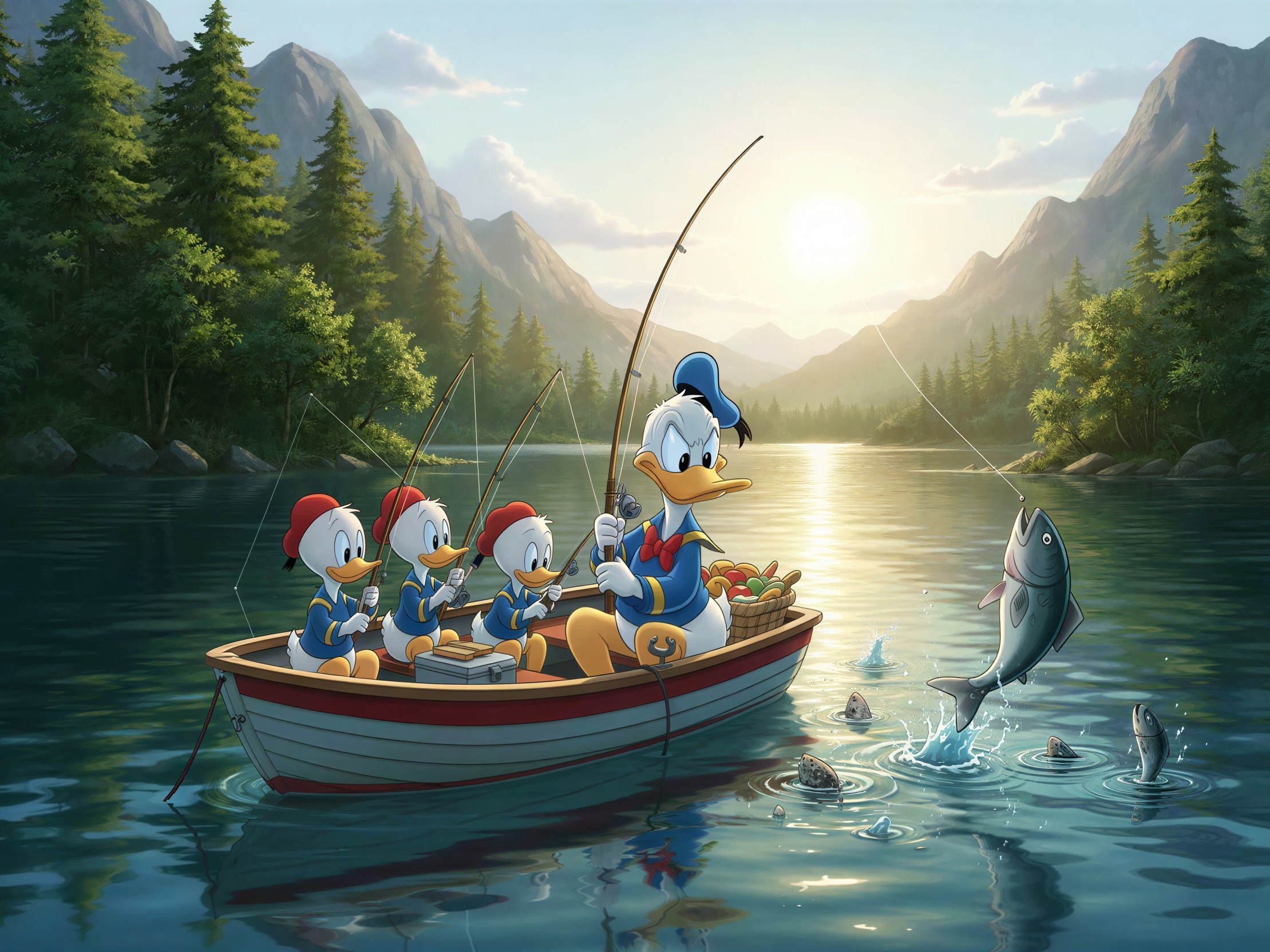Fishing Scene with Donald Duck and Nephews at Sunset