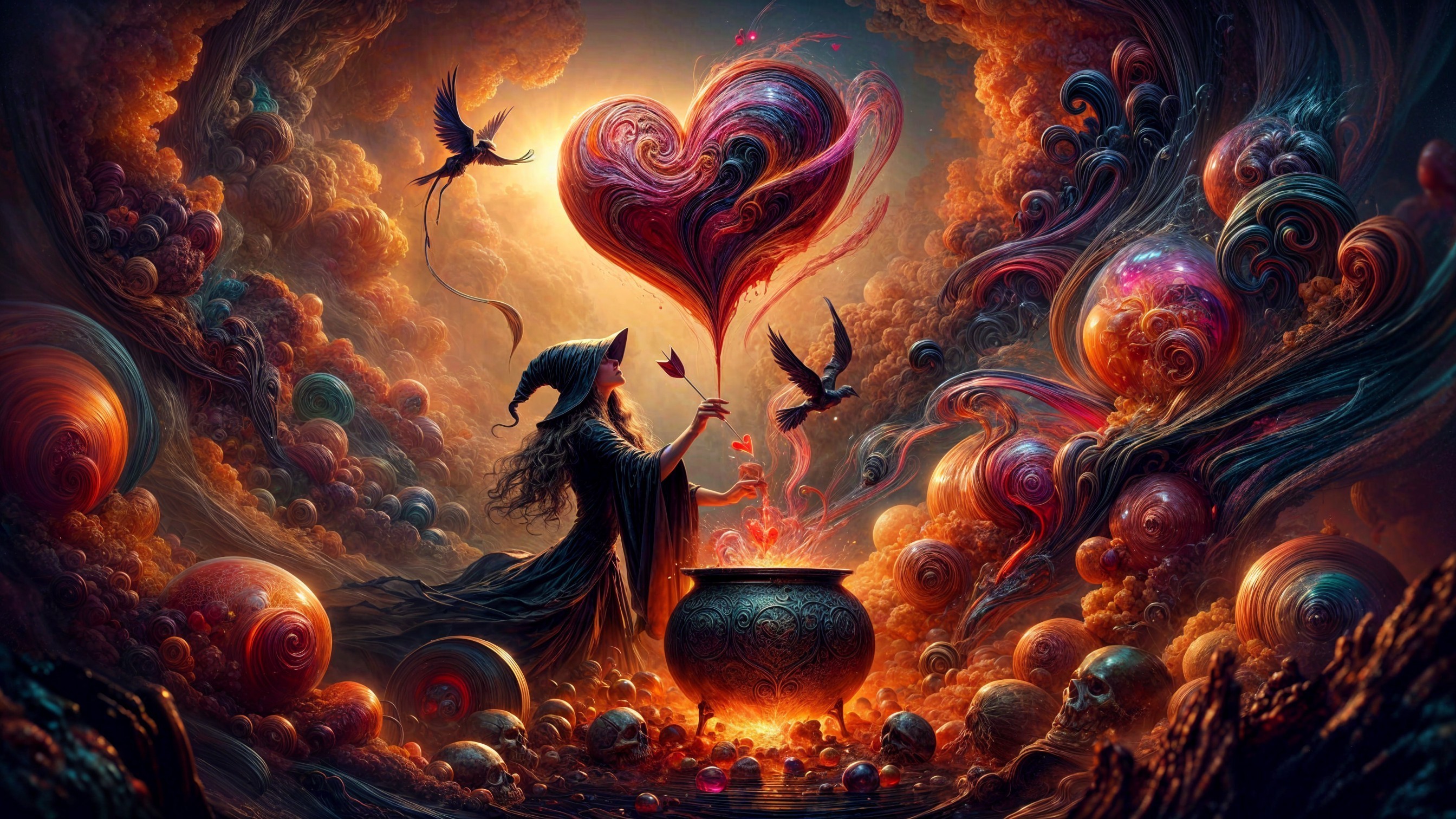 Witch with Cauldron in a Magical, Ethereal Landscape