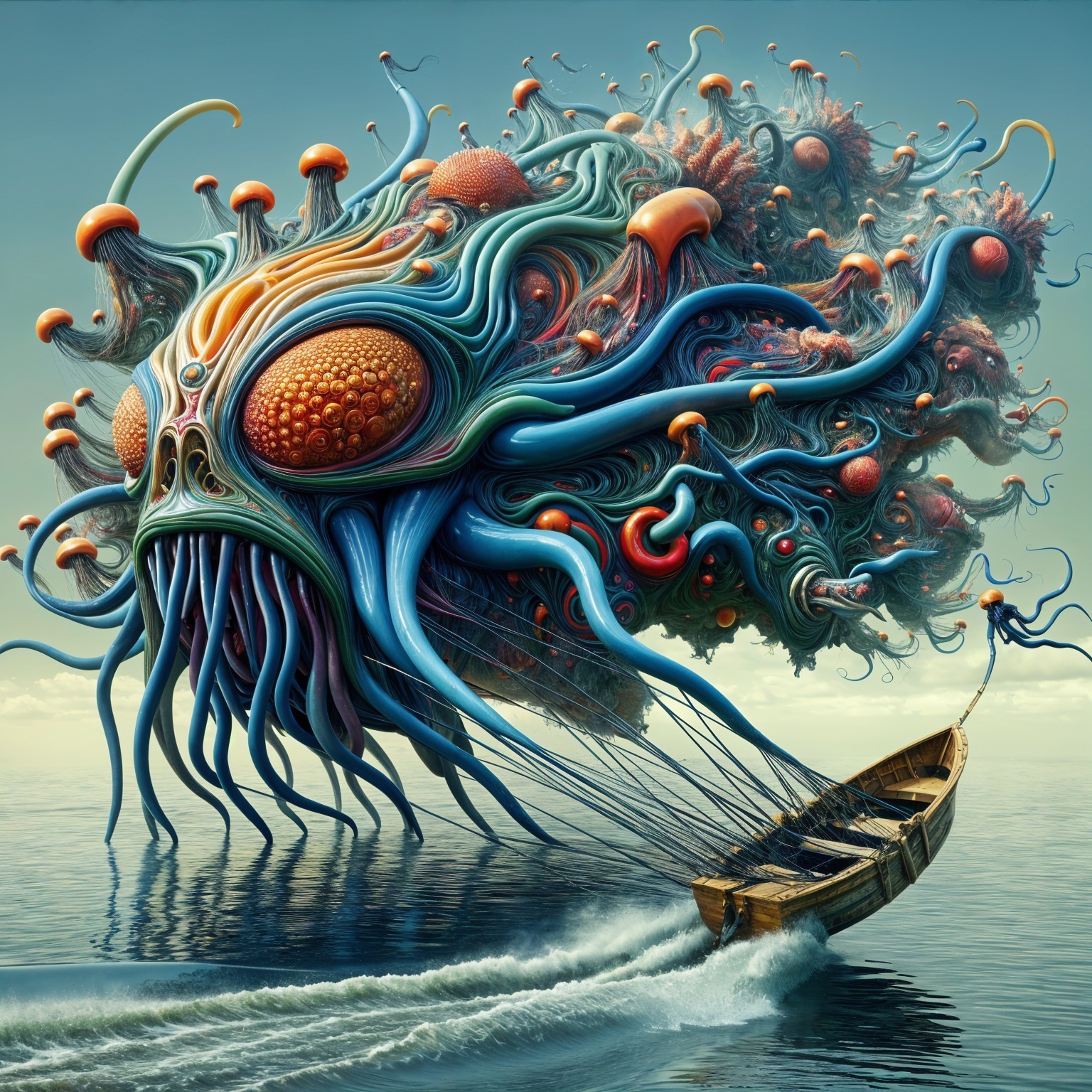 Surreal Sea Scene with Giant Creature and Boat