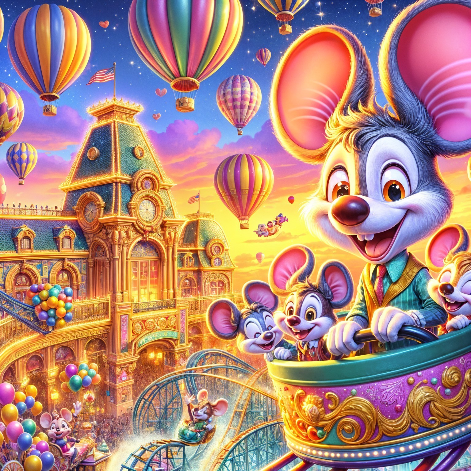Cheerful Cartoon Mice on Colorful Roller Coaster Scene