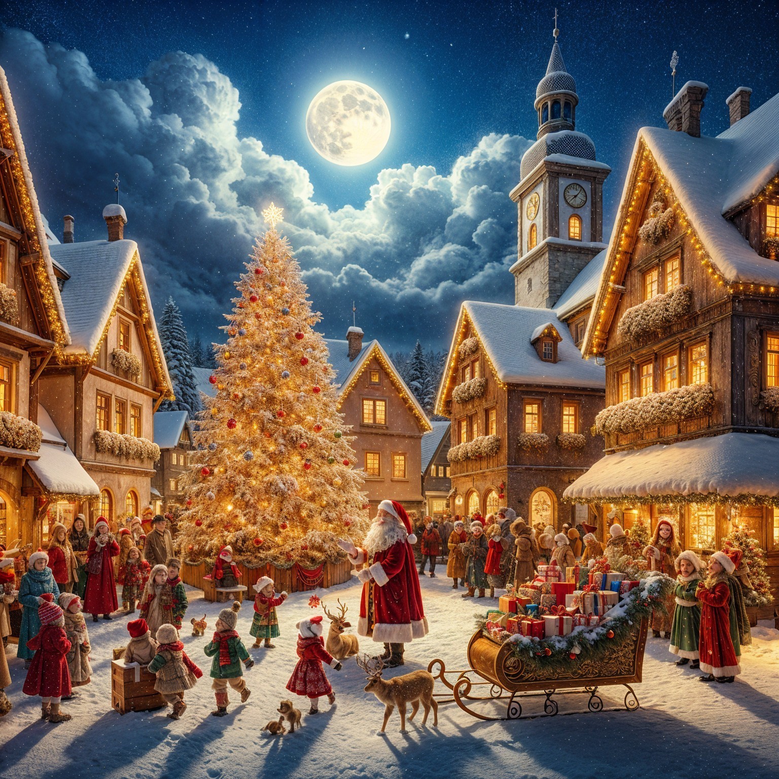 Winter Village Scene with Christmas Tree and Santa
