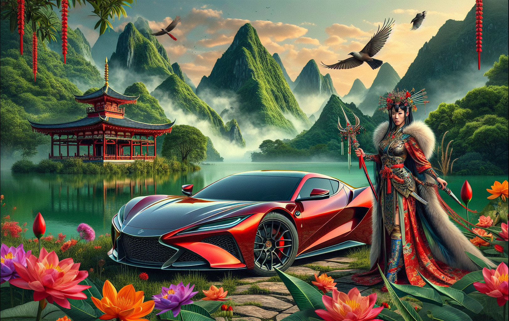 Red Sports Car in Serene Landscape with Mountains