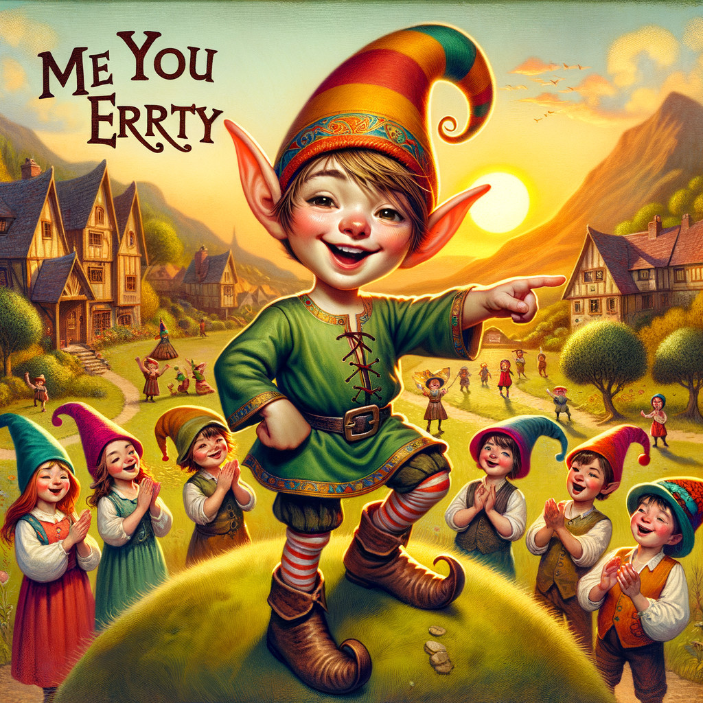 Cheerful gnome on hill with village and mountains