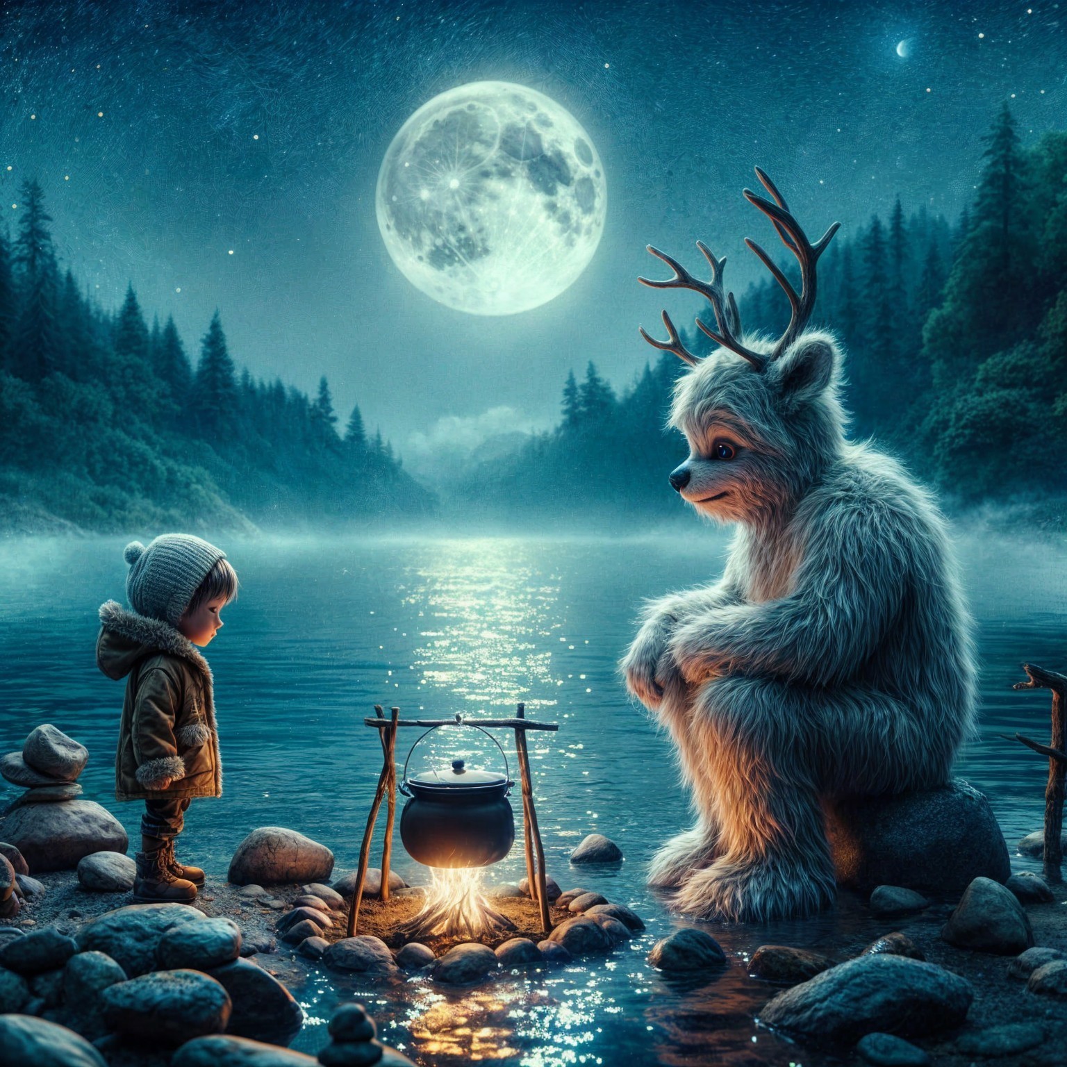 Whimsical lakeside scene with a friendly creature