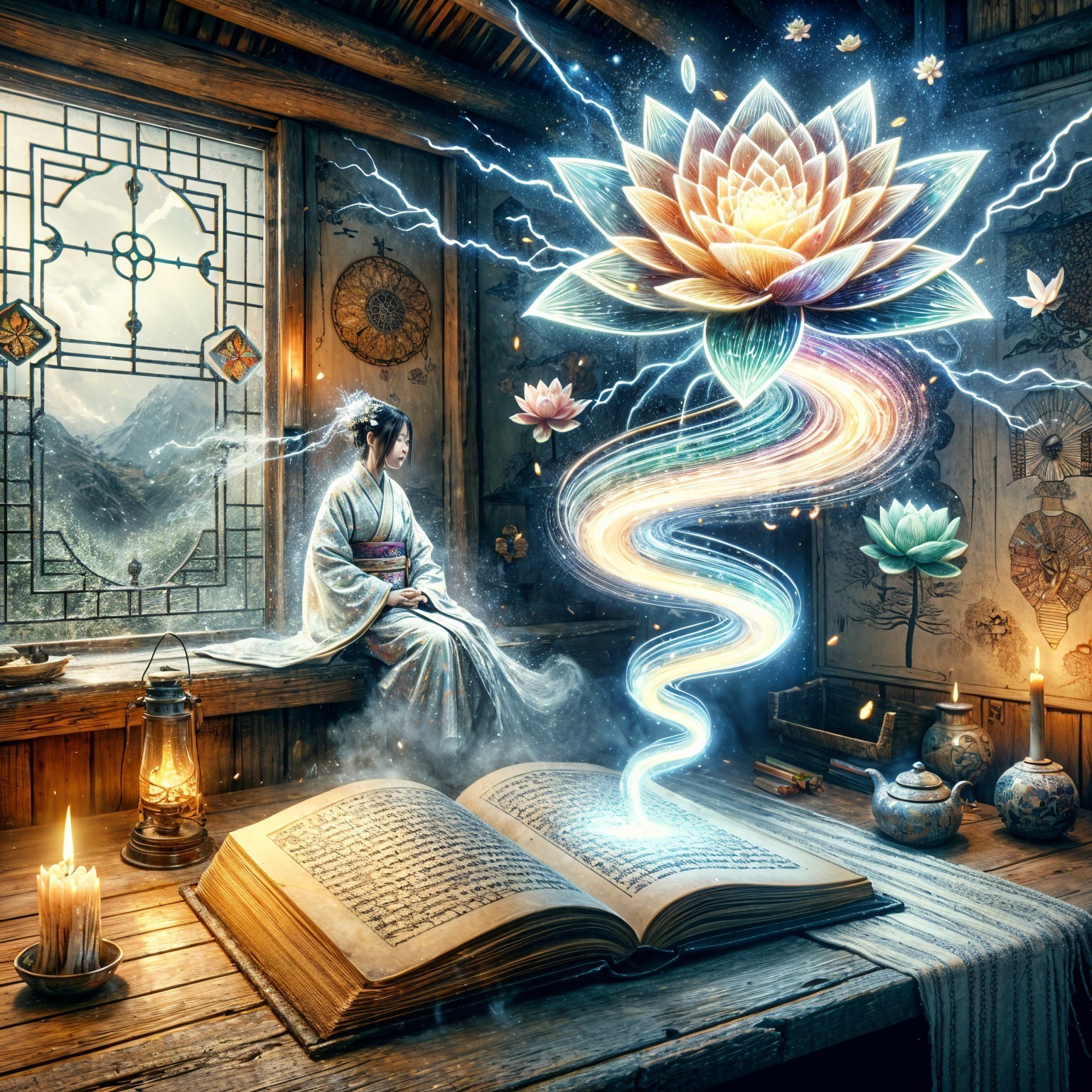 Rustic Room with Figure Reading and Lotus Flower