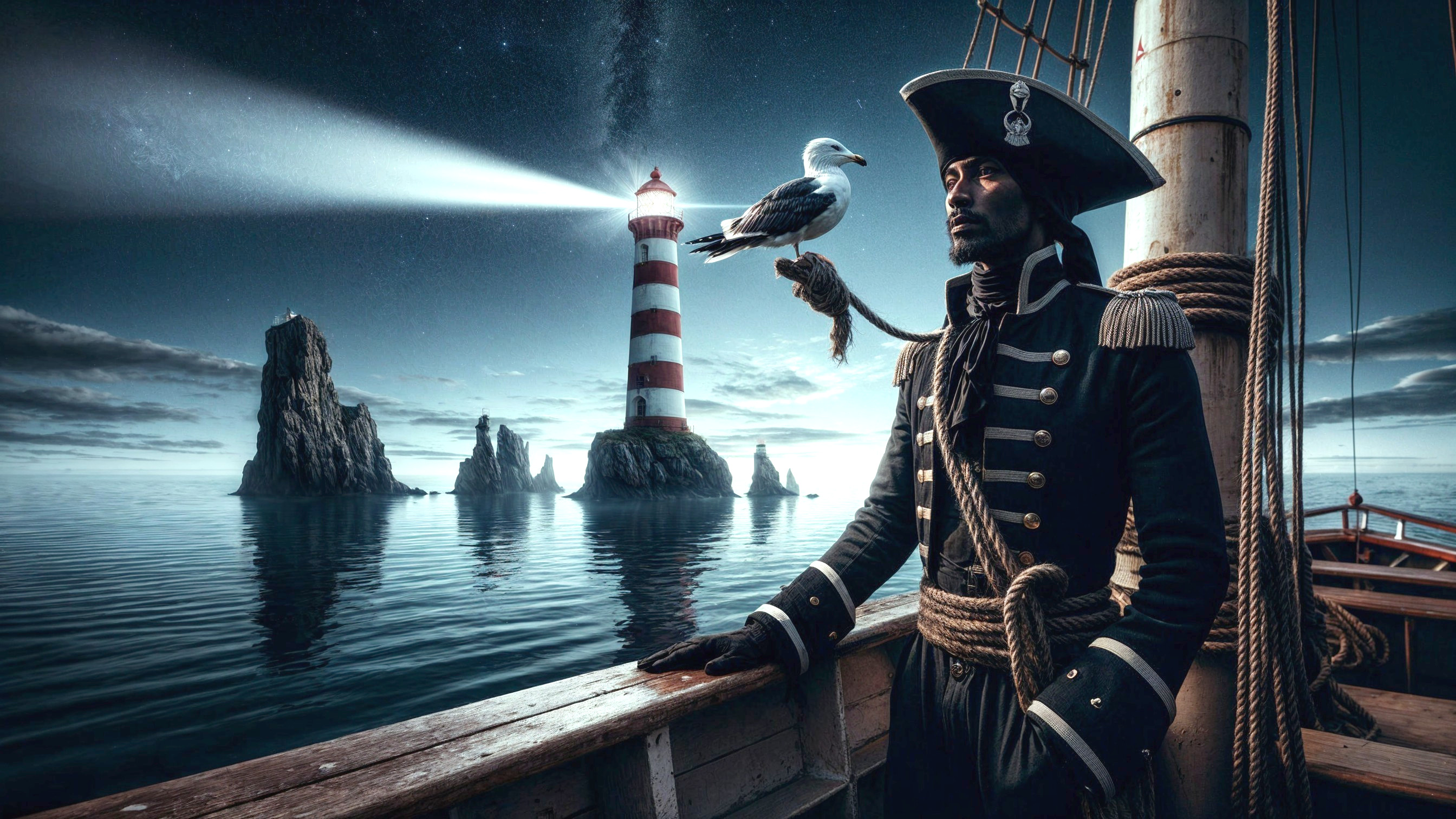 Pirate on Ship Deck with Lighthouse and Seagull
