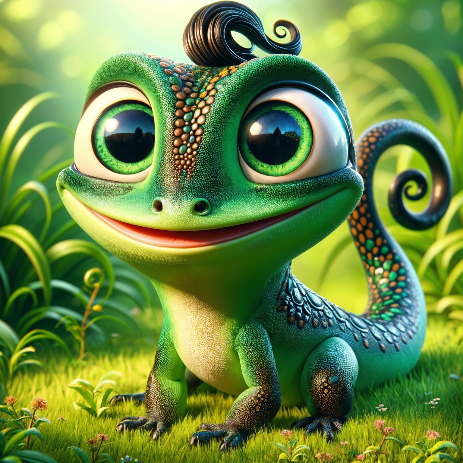 Vibrant Cartoon Lizard in Lush Green Environment