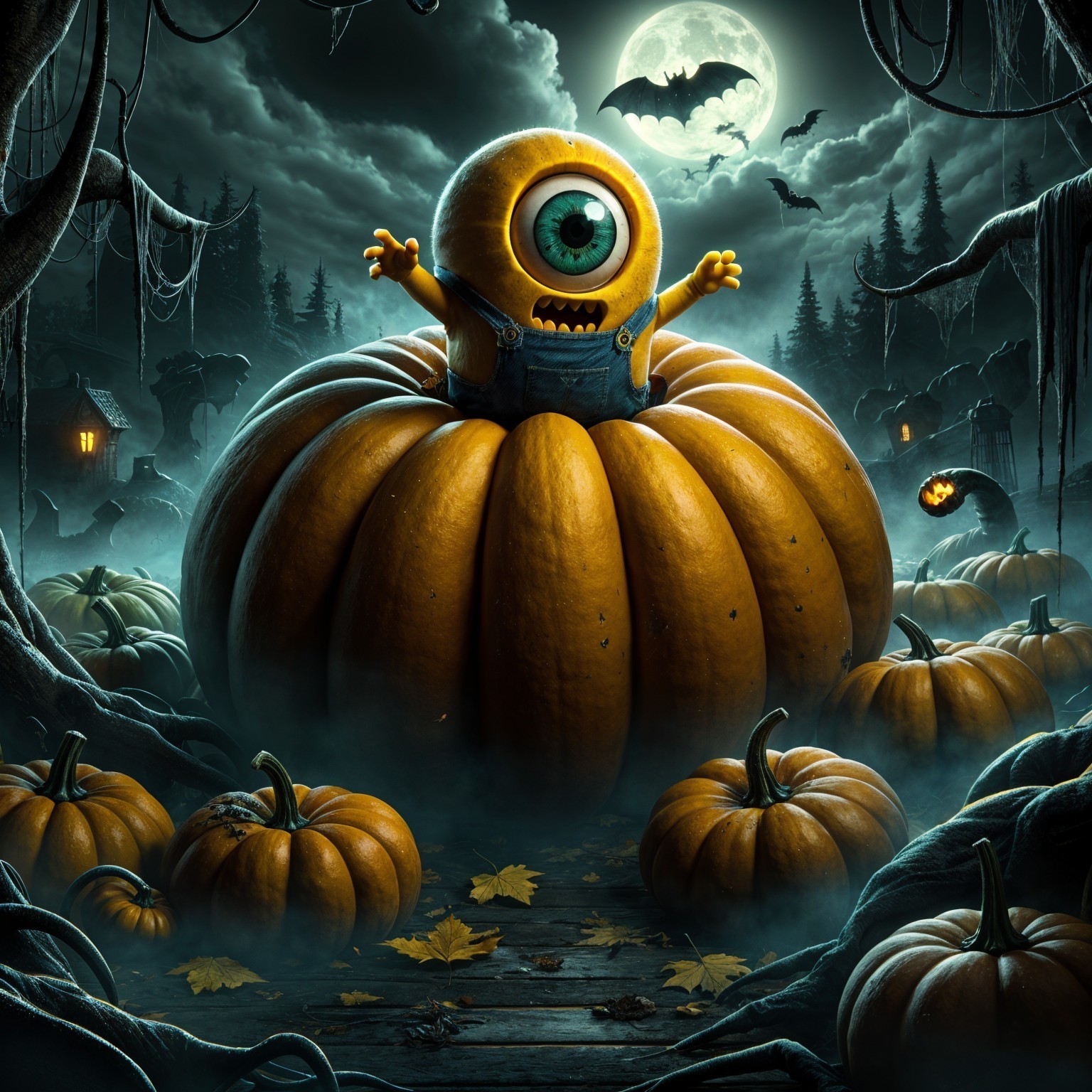Whimsical Creature on Pumpkin in Spooky Night Scene