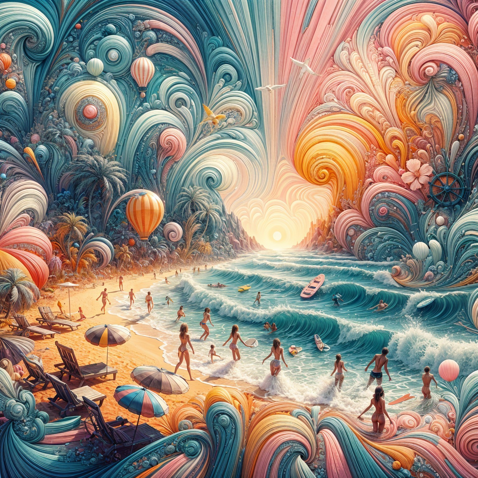 Vibrant Beach Scene with Colorful Waves and Activities