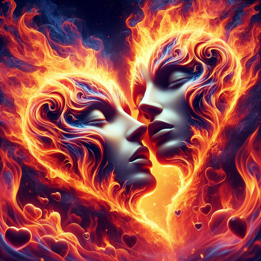 Ethereal Faces Merging in Fiery Passionate Kiss
