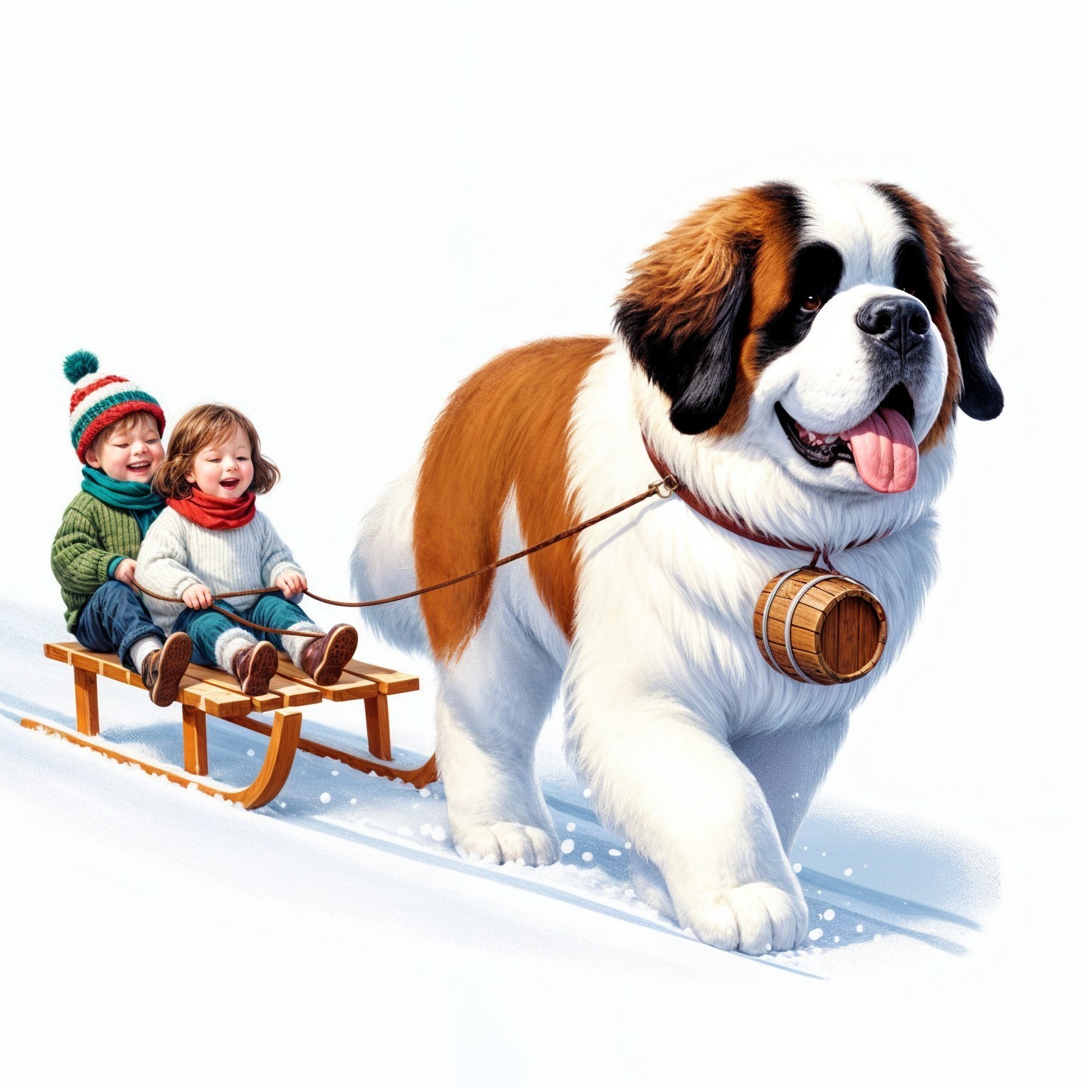 Children Riding Sled Pulled by Saint Bernard in Snow