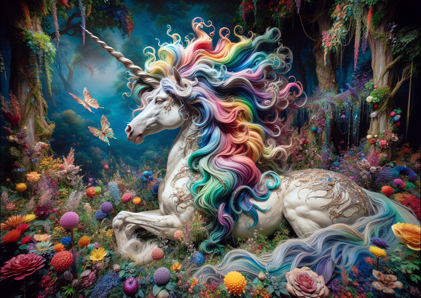 Unicorn in Enchanted Forest with Colorful Flowers