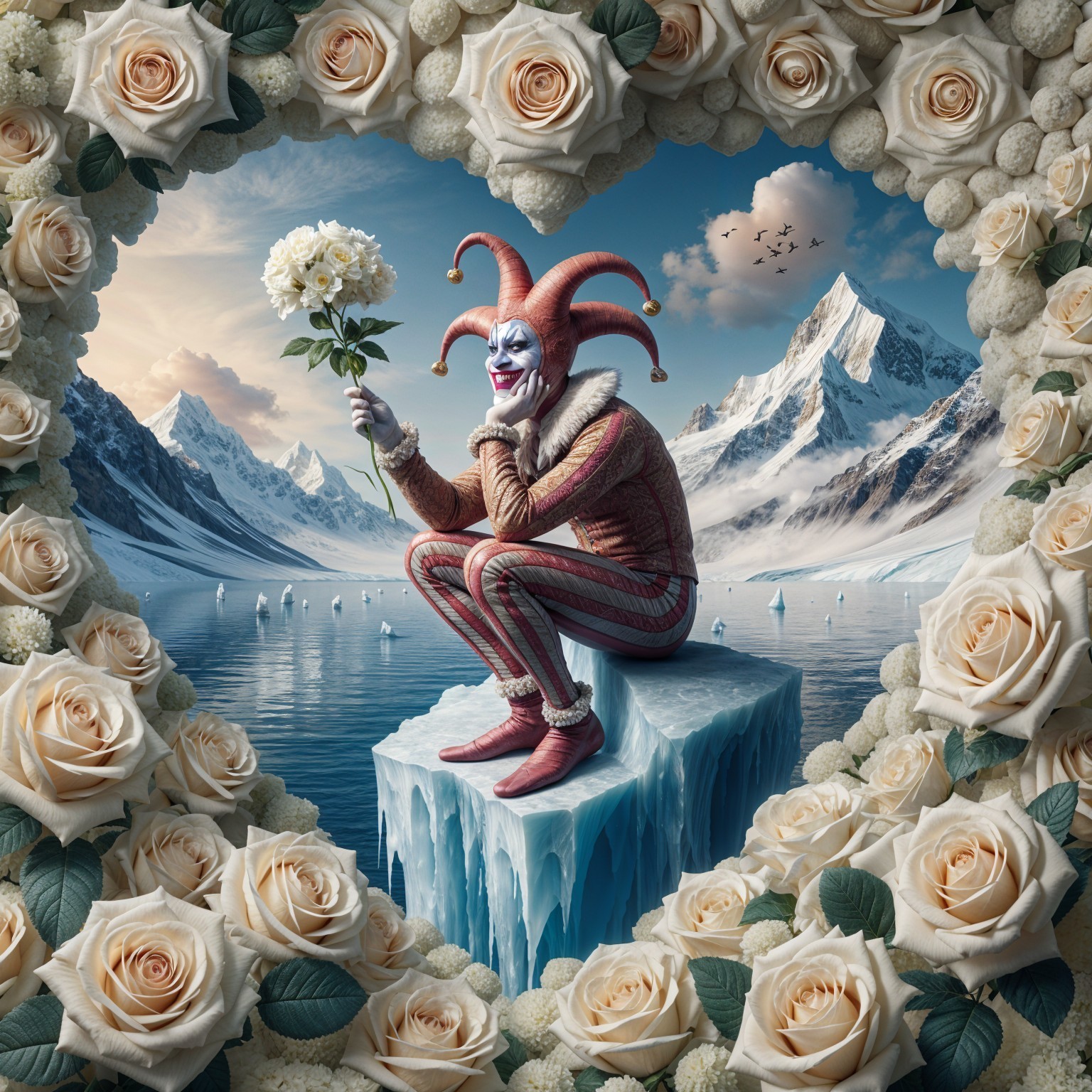 Whimsical Jester on Ice Block with Rose and Mountains