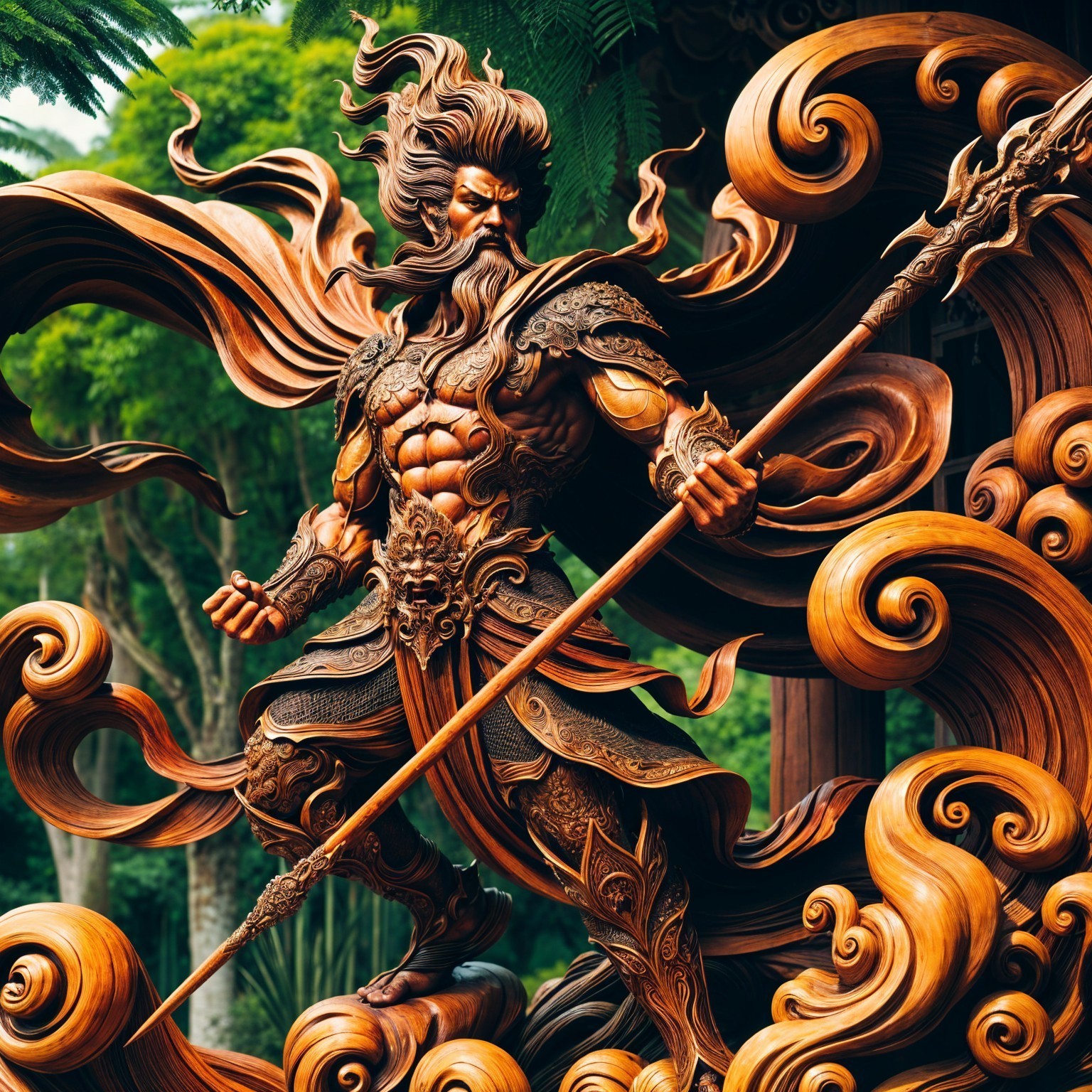 Intricately Carved Wooden Warrior Figure with Armor